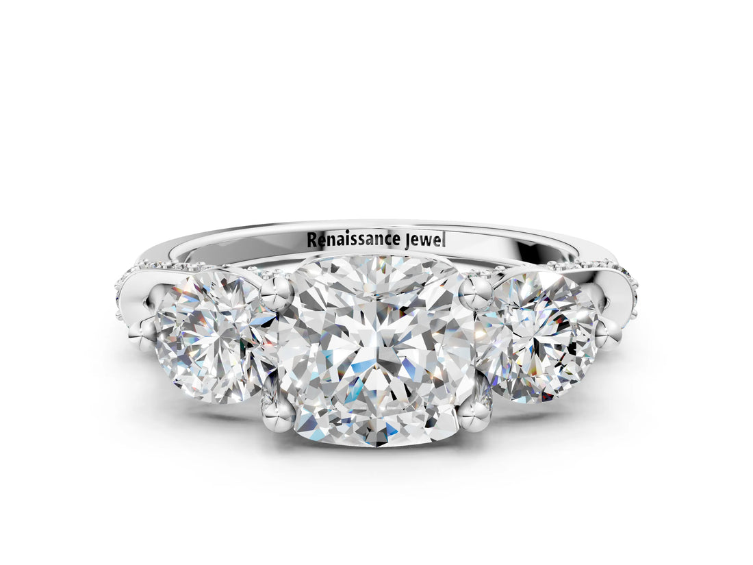 Platinum Cushion Cut Diamond Three-Stone Ring with Prong Setting and Pavé Band_55