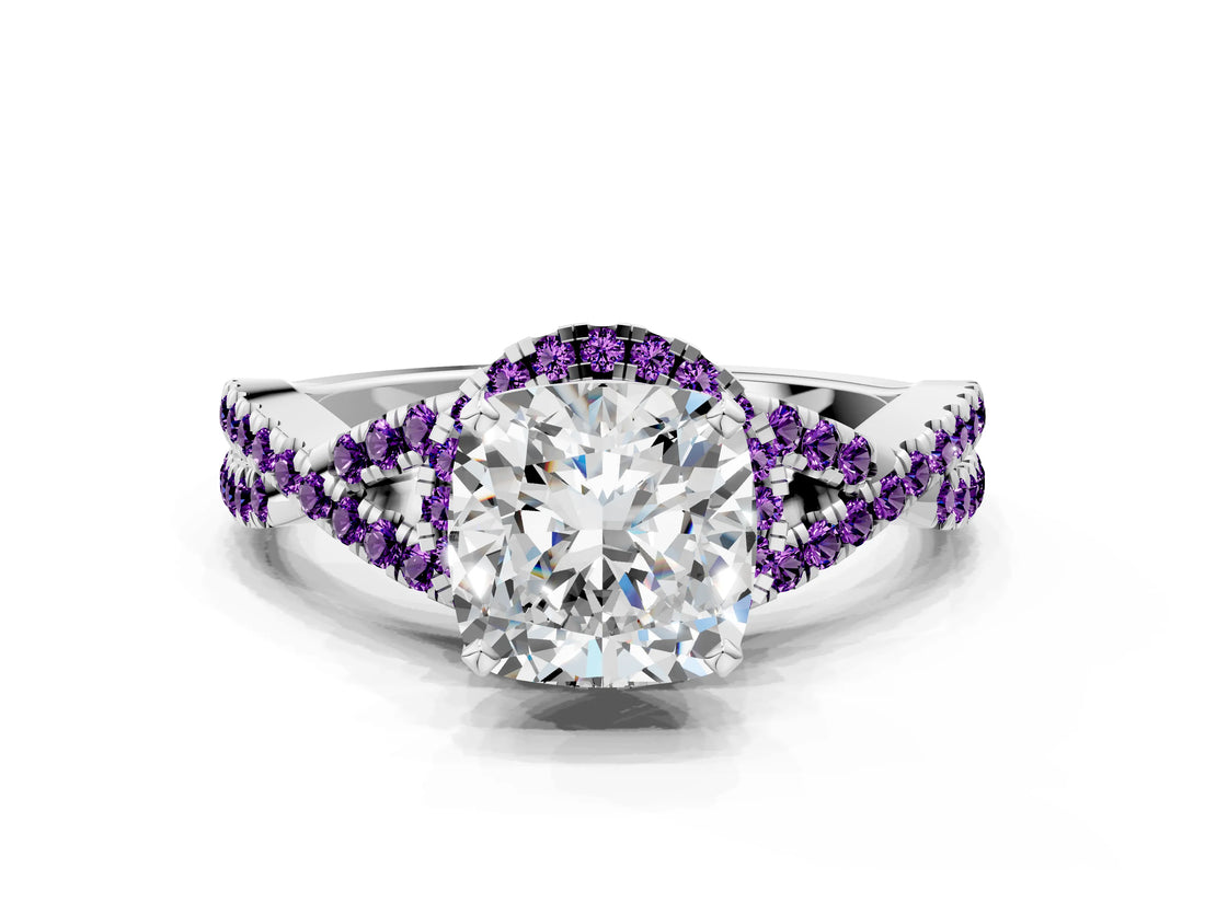 Platinum Cushion Cut Diamond with Amethyst side stone Halo Twist Band Solitaire Prong Setting Ring