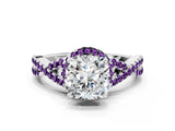 Platinum Cushion Cut Diamond with Amethyst side stone Halo Twist Band Solitaire Prong Setting Ring