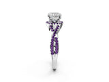 Platinum Cushion Cut Diamond with Amethyst side stone Halo Twist Band Solitaire Prong Setting Ring_2