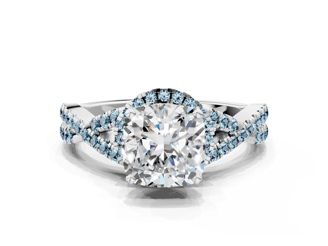 Platinum Cushion Cut Diamond with Aquamarine side stone Halo Twist Band Solitaire Prong Setting Ring