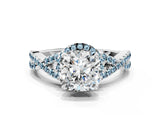 Platinum Cushion Cut Diamond with Aquamarine side stone Halo Twist Band Solitaire Prong Setting Ring