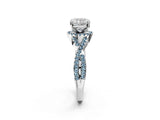 Platinum Cushion Cut Diamond with Aquamarine side stone Halo Twist Band Solitaire Prong Setting Ring_2