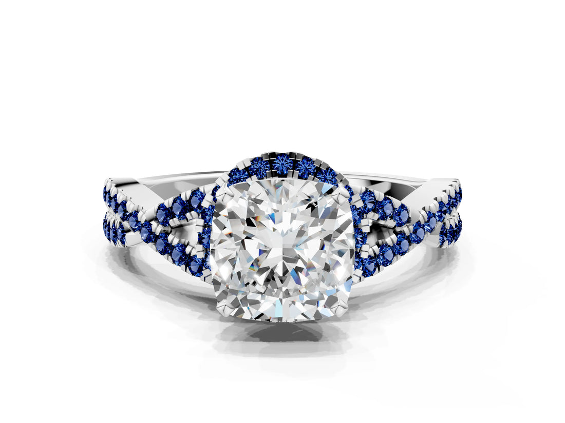 Platinum Cushion Cut Diamond with Blue Sapphire side stone Halo Twist Band Solitaire Prong Setting Ring