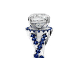 Platinum Cushion Cut Diamond with Blue Sapphire side stone Halo Twist Band Solitaire Prong Setting Ring_5