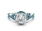 Platinum Cushion Cut Diamond with Blue Topaz side stone Halo Twist Band Solitaire Prong Setting Ring