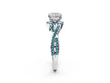 Platinum Cushion Cut Diamond with Blue Topaz side stone Halo Twist Band Solitaire Prong Setting Ring_2