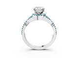Platinum Cushion Cut Diamond with Blue Topaz side stone Halo Twist Band Solitaire Prong Setting Ring_3