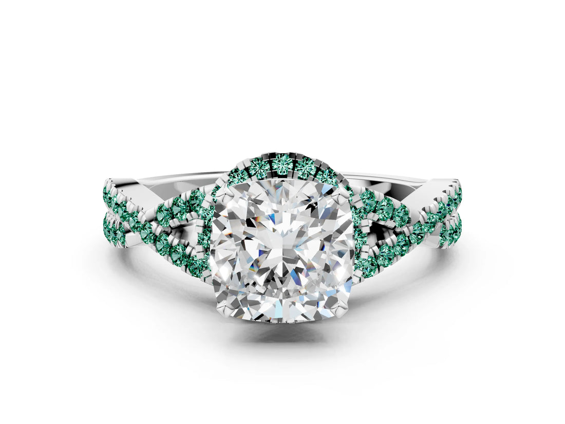 Platinum Cushion Cut Diamond with Green Sapphire side stone Halo Twist Band Solitaire Prong Setting Ring