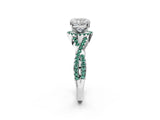 Platinum Cushion Cut Diamond with Green Sapphire side stone Halo Twist Band Solitaire Prong Setting Ring_2