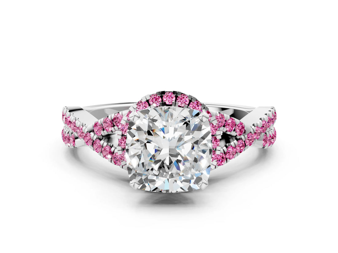 Platinum Cushion Cut Diamond with Pink Sapphire side stone Halo Twist Band Solitaire Prong Setting Ring
