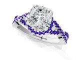 Platinum Cushion Cut Diamond with Tanzanite side stone Halo Twist Band Solitaire Prong Setting Ring_1
