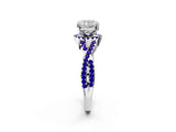 Platinum Cushion Cut Diamond with Tanzanite side stone Halo Twist Band Solitaire Prong Setting Ring_2