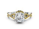 Platinum Cushion Cut Diamond with Yellow Sapphire side stone Halo Twist Band Solitaire Prong Setting Ring