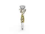Platinum Cushion Cut Diamond with Yellow Sapphire side stone Halo Twist Band Solitaire Prong Setting Ring_2