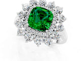 Platinum Cushion Cut Emerald Floral Double Halo Engagement Ring with Prong Setting_151