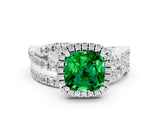 Platinum Cushion Cut Emerald Halo Ring with Round Split Shank and Prong Setting_66