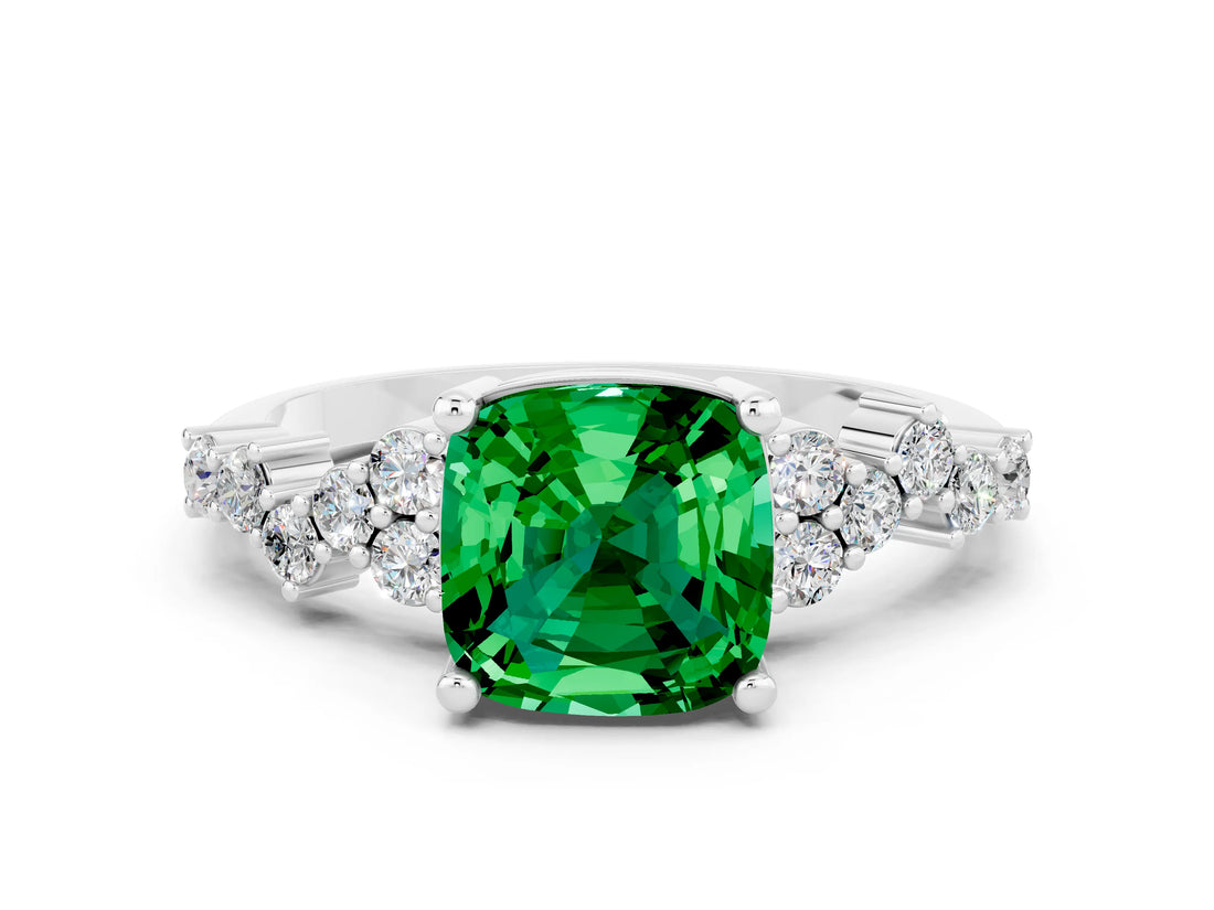 Platinum Cushion Cut Emerald Scattered Round Accent Ring with Prong Setting_48