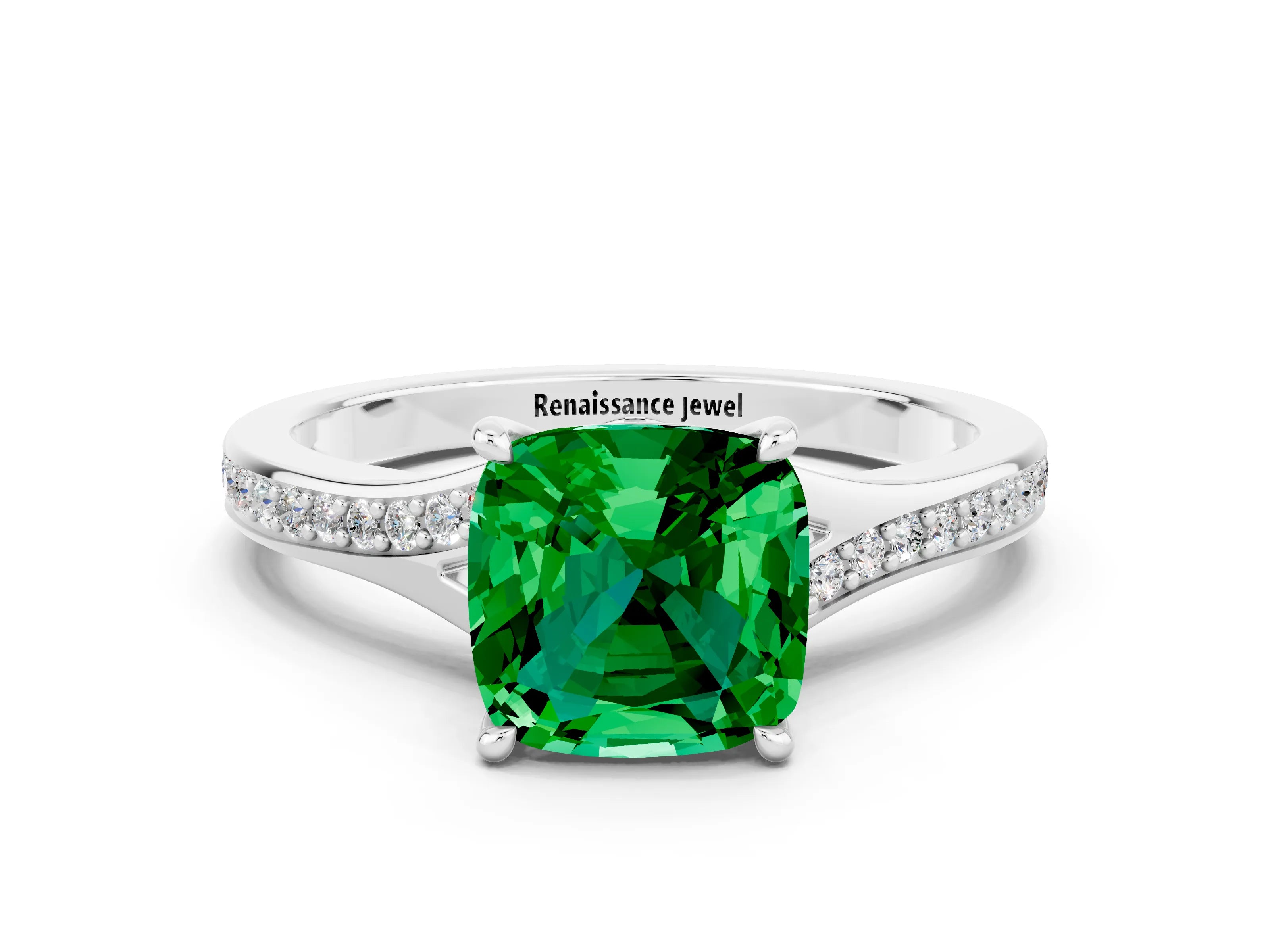 Platinum Cushion Cut Emerald Solitaire Ring with Pavé Band and Prong Setting_12