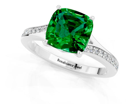Platinum Cushion Cut Emerald Solitaire Ring with Pavé Band and Prong Setting_13