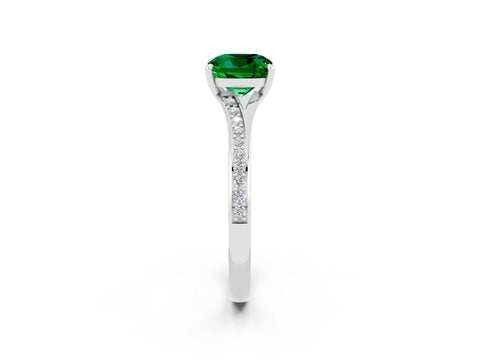Platinum Cushion Cut Emerald Solitaire Ring with Pavé Band and Prong Setting_14