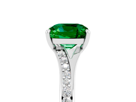Platinum Cushion Cut Emerald Solitaire Ring with Pavé Band and Prong Setting_17