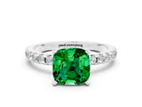 Platinum Cushion Cut Emerald Solitaire Ring with Round  Pavé Band and Four-Prong Setting_36