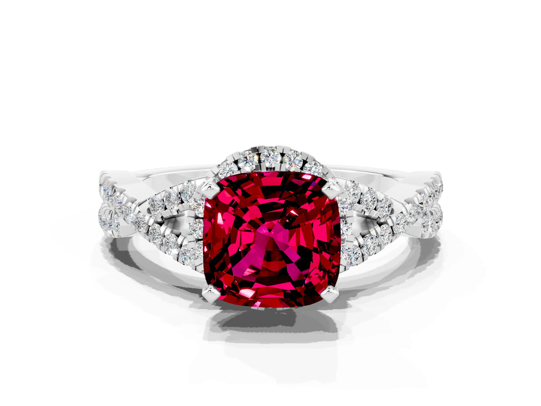 Platinum Cushion Cut Garnet  Halo Twist Band Solitaire Prong Setting Ring_12