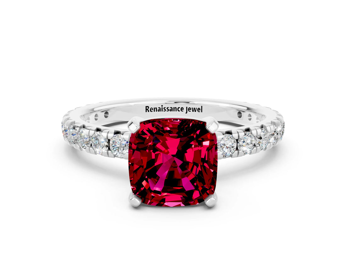 Platinum Cushion Cut Garnet Pavé Solitaire Ring with Round Band and Prong Setting_42