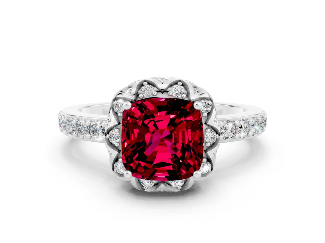Platinum Cushion Cut Garnet Scalloped Halo Engagement Ring with Round Shared Prong Band_54