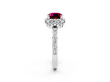 Platinum Cushion Cut Garnet Scalloped Halo Engagement Ring with Round Shared Prong Band_56