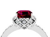 Platinum Cushion Cut Garnet Scalloped Halo Engagement Ring with Round Shared Prong Band_58