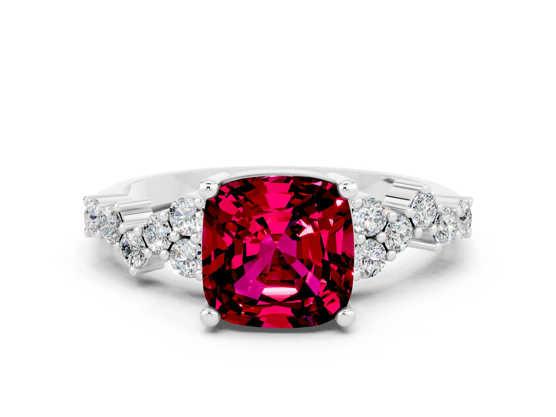 Platinum Cushion Cut Garnet Scattered Round Accent Ring with Prong Setting_72