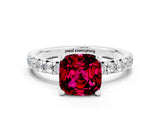 Platinum Cushion Cut Garnet Solitaire Pavé Engagement Ring with Round Band and Prong Setting_114