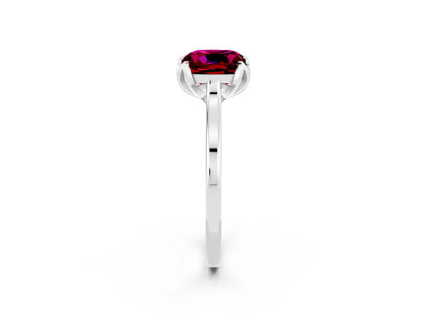 Platinum Cushion Cut Garnet Floral Solitaire Engagement Ring with Flower Prong Head and Plain Band