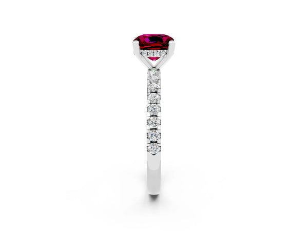 Platinum Cushion Cut Garnet Solitaire Ring with Round Pavé Band and Four-Prong Setting