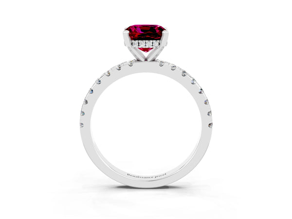 Platinum Cushion Cut Garnet Solitaire Ring with Round Pavé Band and Four-Prong Setting