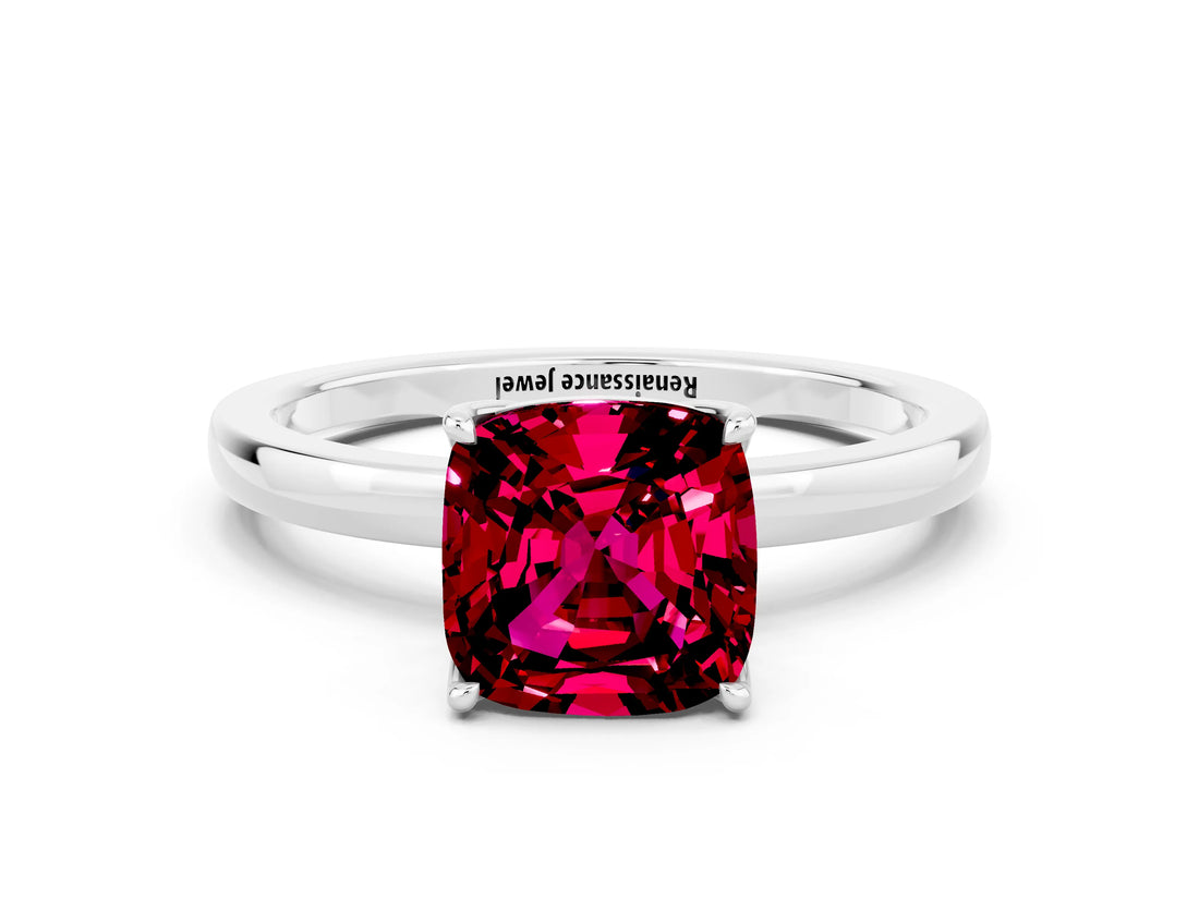 Platinum Cushion Cut Garnet Solitaire Ring with Thin Band and Prong Setting_42