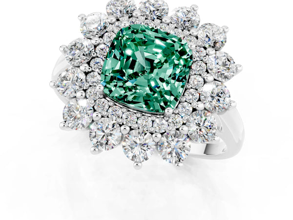 Platinum Cushion Cut Green Sapphire Floral Double Halo Engagement Ring with Prong Setting