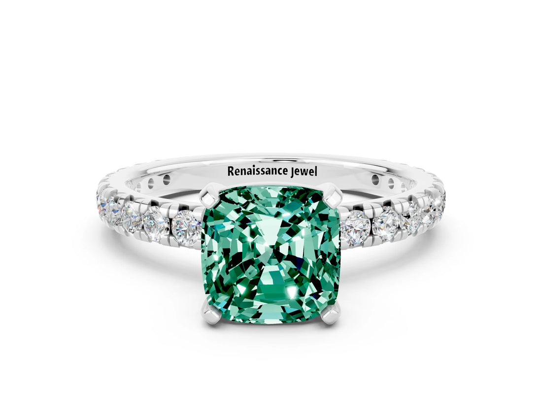 Platinum Cushion Cut Green Sapphire Pavé Solitaire Ring with Round Band and Prong Setting_42