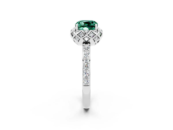 Platinum Cushion Cut Green Sapphire Scalloped Halo Engagement Ring with Round Shared Prong Band