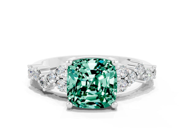 Platinum Cushion Cut Green Sapphire Scattered Round Accent Ring with Prong Setting