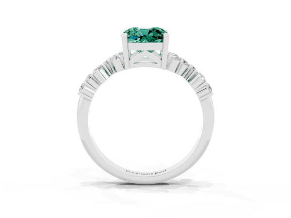 Platinum Cushion Cut Green Sapphire Scattered Round Accent Ring with Prong Setting