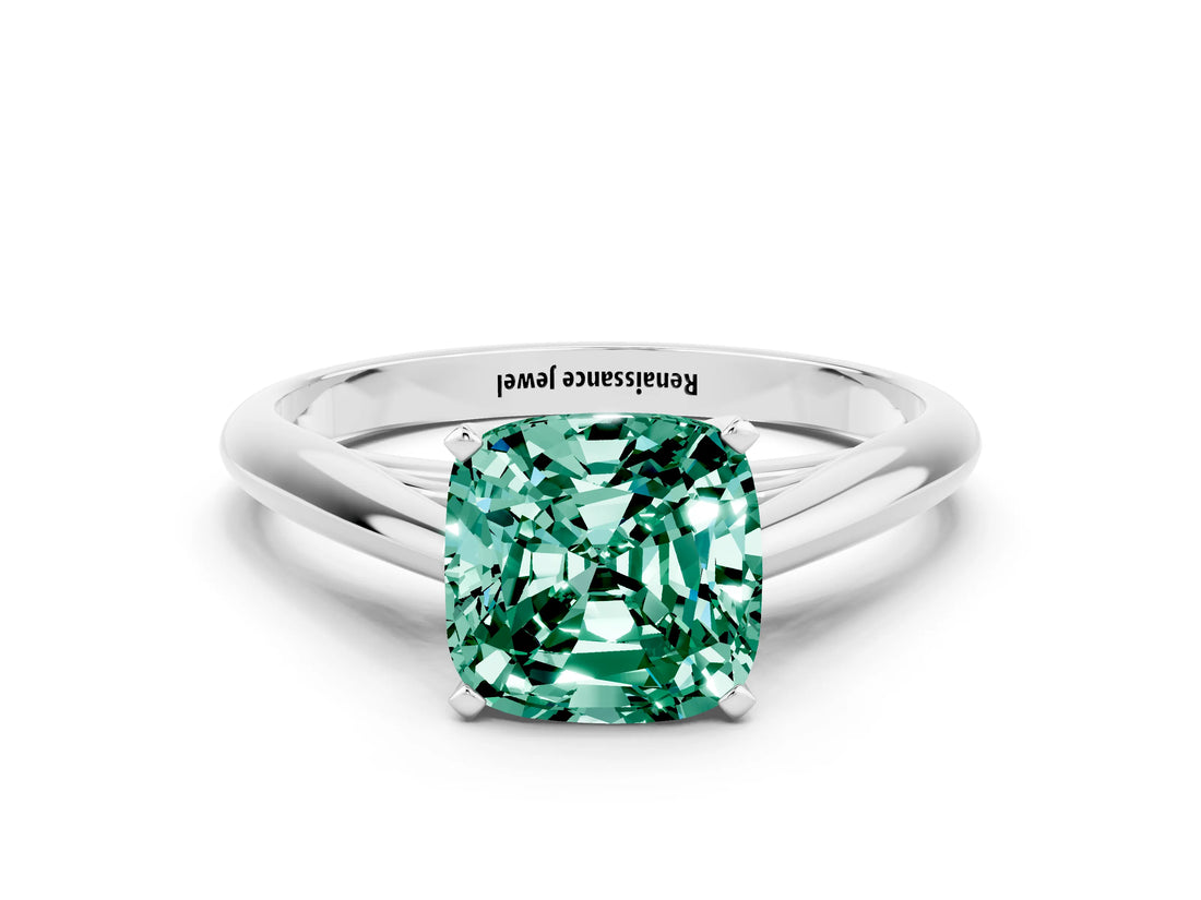 Platinum Cushion Cut Green Sapphire Solitaire Engagement Ring with Cathedral Setting and Four-Prong Mount_12