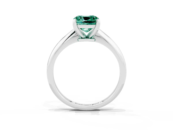 Platinum Cushion Cut Green Sapphire Solitaire Engagement Ring with Classic Band and Four-Prong Setting