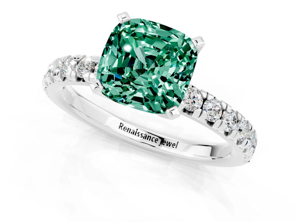 Platinum Cushion Cut Green Sapphire Solitaire Pavé Engagement Ring with Round Band and Prong Setting