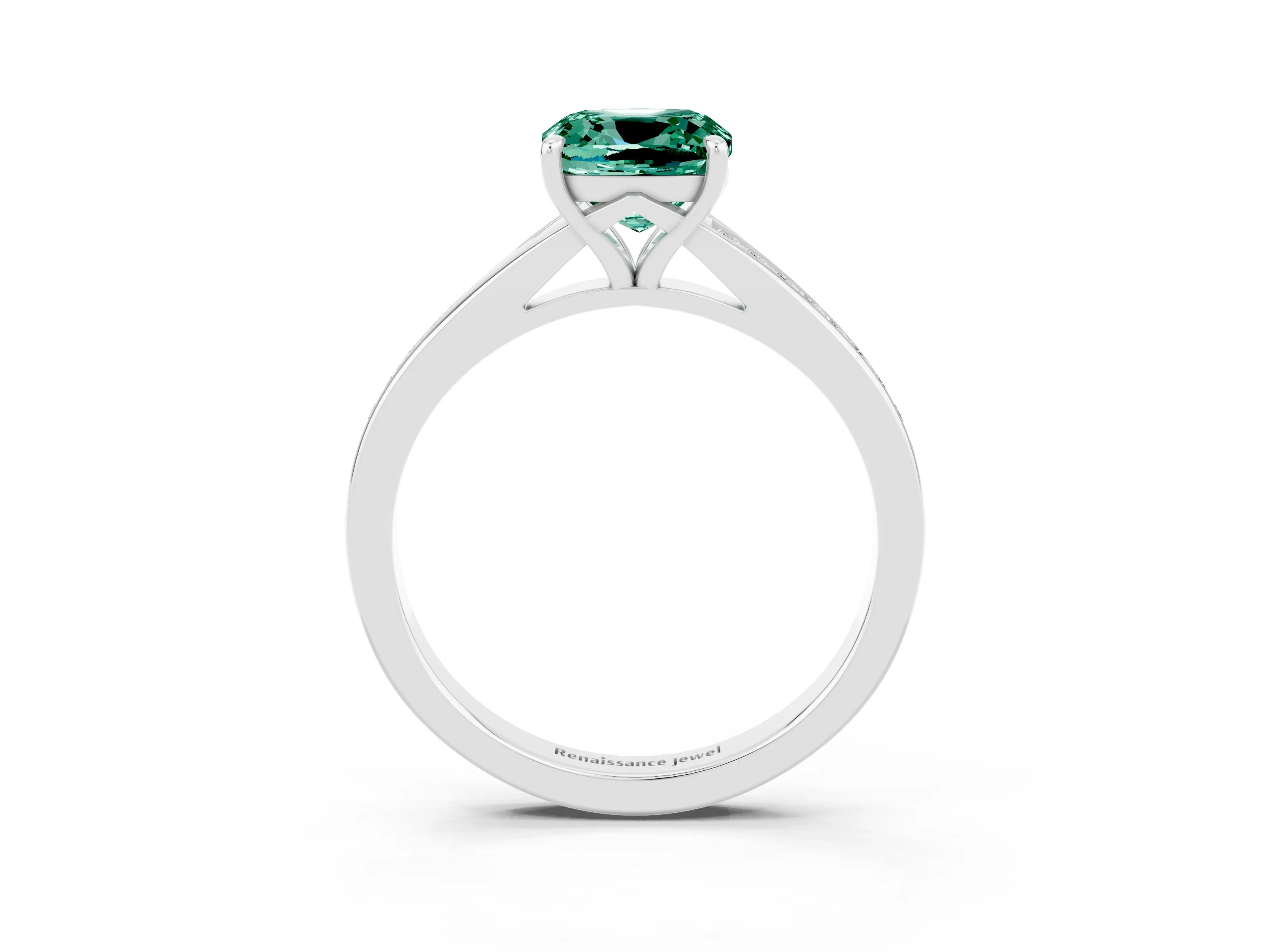 Platinum Cushion Cut Green Sapphire Solitaire Ring with Pavé Band and Prong Setting_15
