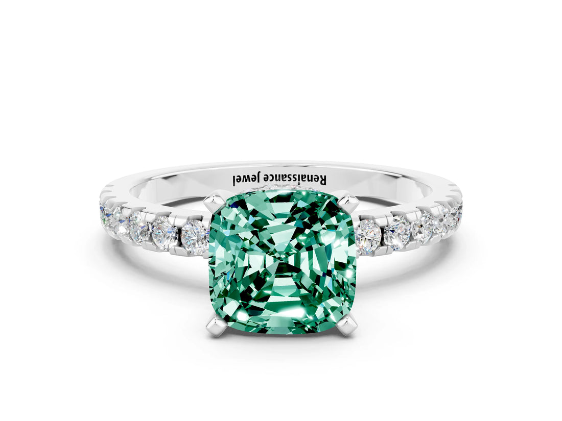 Platinum Cushion Cut Green Sapphire Solitaire Ring with Round  Pavé Band and Four-Prong Setting_24