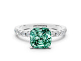 Platinum Cushion Cut Green Sapphire Solitaire Ring with Round  Pavé Band and Four-Prong Setting_24