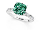 Platinum Cushion Cut Green Sapphire Solitaire Ring with Round  Pavé Band and Four-Prong Setting_25